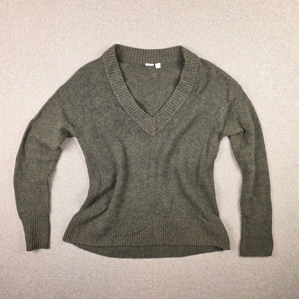 Gap Womens Cozy Cottagecore Olive Heather Boucle Knit V-Neck Sweater Small